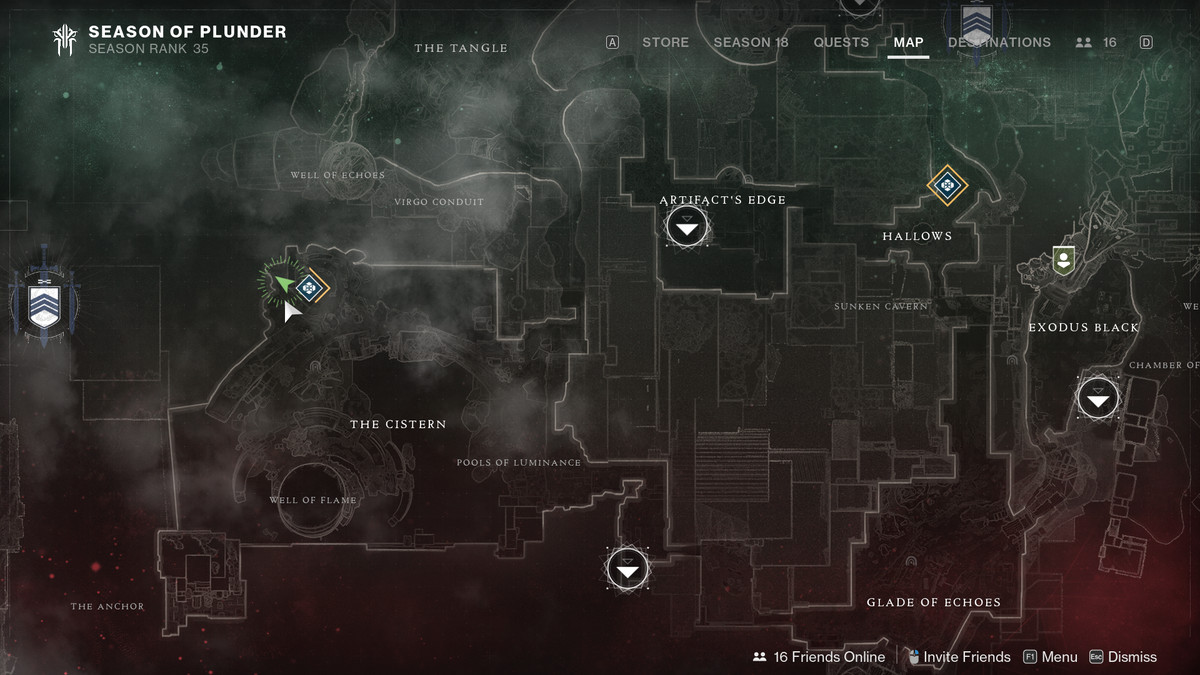 The map for the Cistern location in Destiny 2, with the Guardian standing in the north
