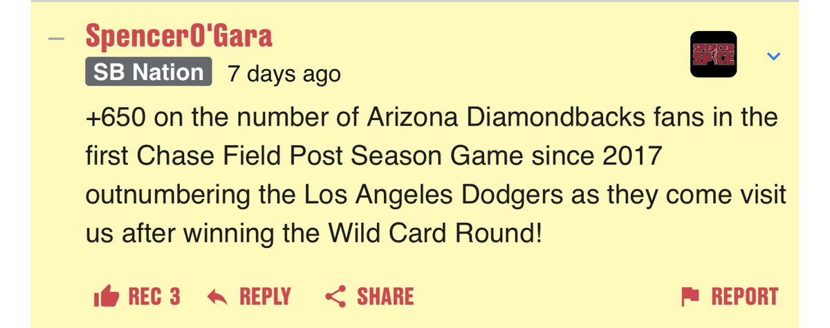 +650 on the number of Arizona Diamondbacks fans in the first Chase Field Post Season Game since 2017 outnumbering the Los Angeles Dodgers as they come visit us after winning the Wild Card Round! -Spencer O’gara