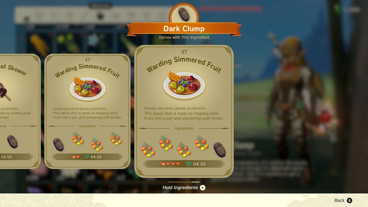 A screenshot of the Warding Simmered Fruit recipe in Zelda: Tears of the Kingdom