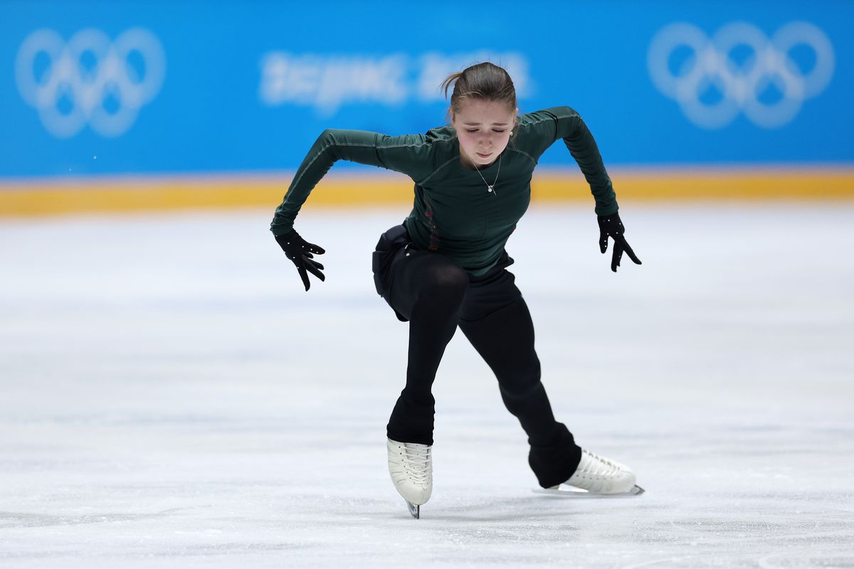 Kamila Valieva of Team ROC skates during a training session on day ten of the Beijing 2022 Winter Olympic Games at Capital Indoor Stadium practice rink on February 14, 2022 in Beijing, China.