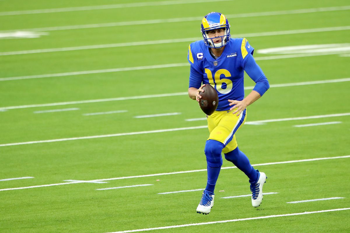 Jared Goff #16 of the Los Angeles Rams looks to pass the ball against the San Francisco 49ers during the second half at SoFi Stadium on November 29, 2020 in Inglewood, California.