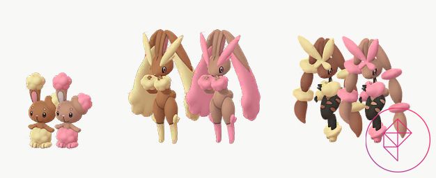 Shiny Buneary, Lopunny, and Mega Lopunny with its regular forms in Pokémon Go. Both get pink fur when shiny.
