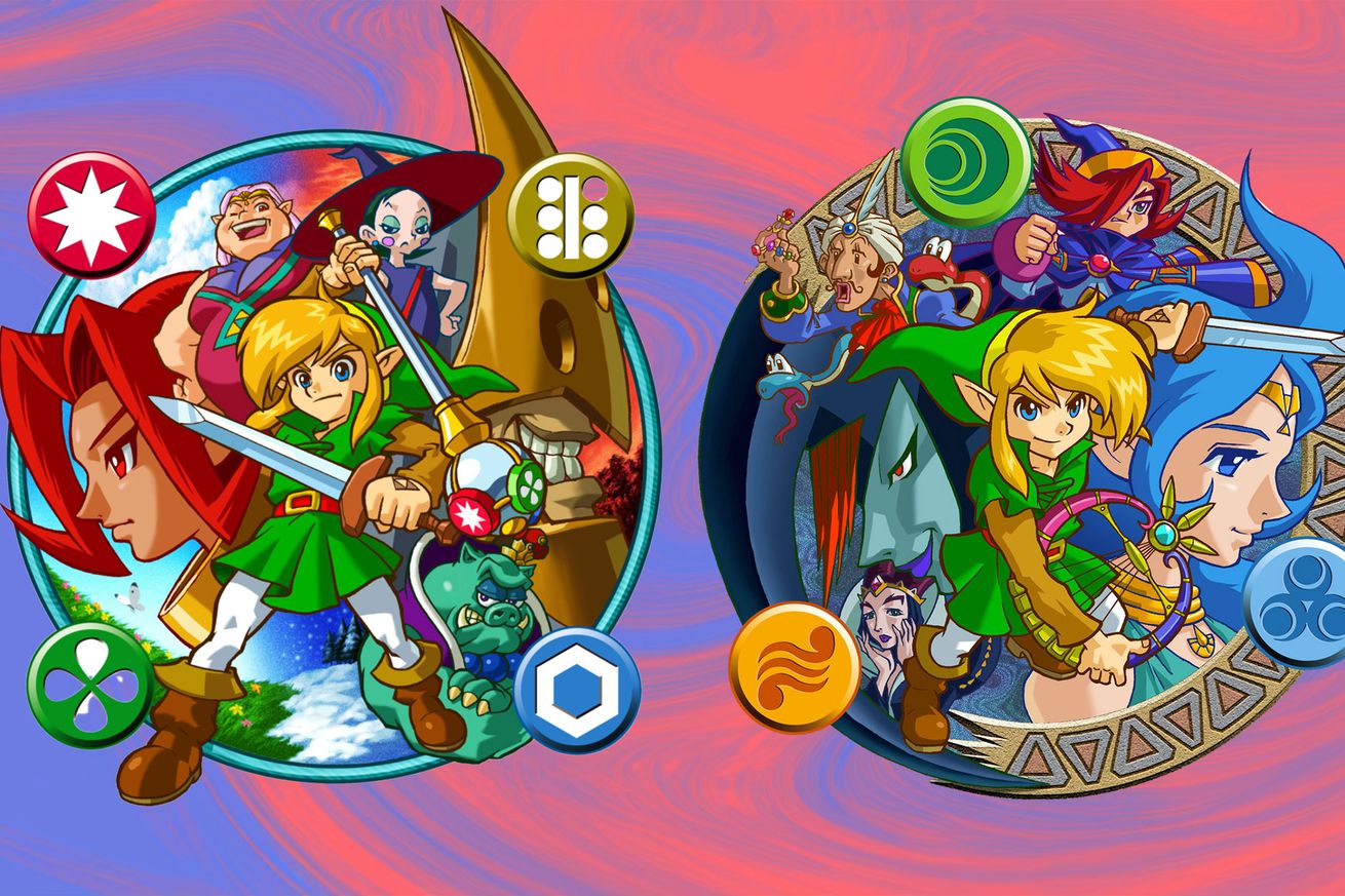 Official game art for Oracle of Ages and Oracle of Seasons against a red and blue backdrop.