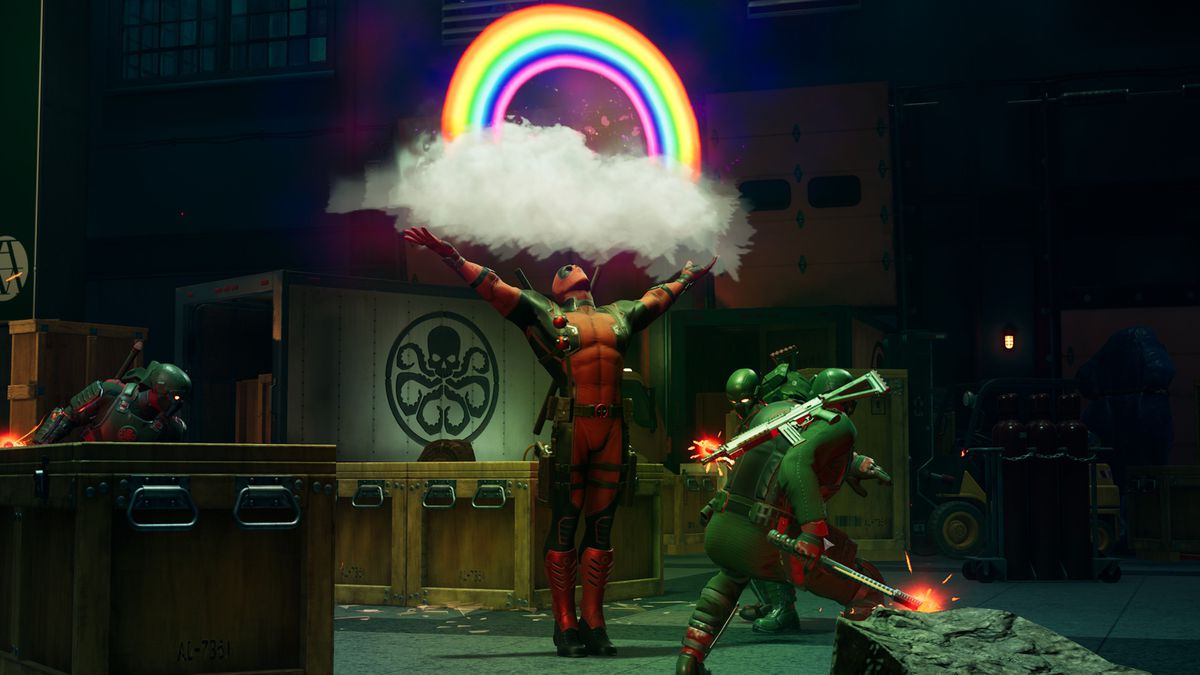 Deadpool manifests a gorgeous rainbow above his head as several Hydra soldiers cower around him in Marvel’s Midnight Suns