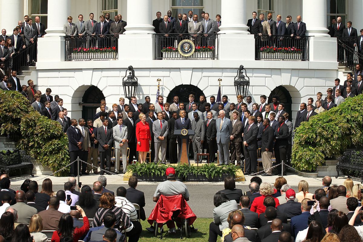 WASHINGTON, DC - APRIL 19:  The Alabama Football team got to visit the White House this past spring, but what other programs could have made that trip if they did that sort of thing for each of the sports?(Photo by Alex Wong/Getty Images)