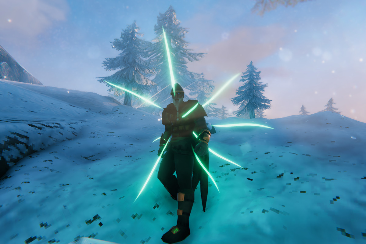 A glowing Viking on a snowy mountain