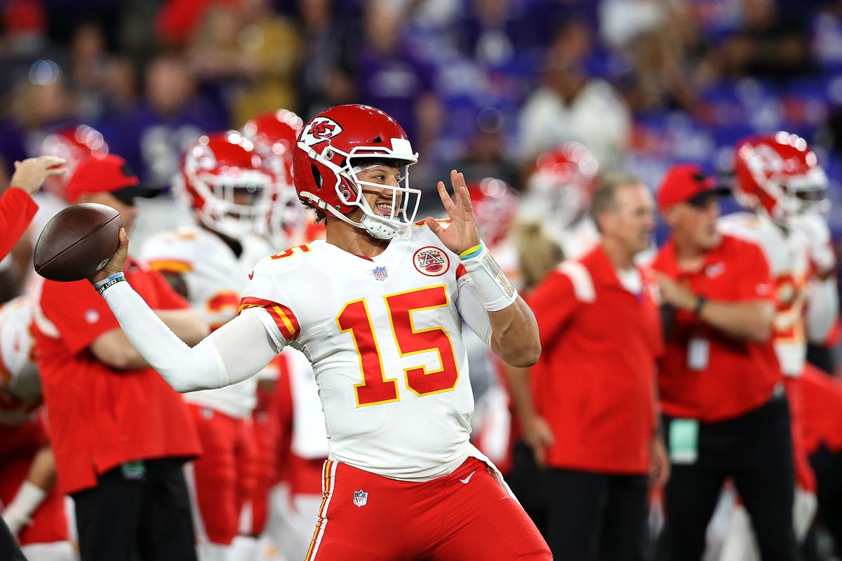 Quarterback Patrick Mahomes #15 of the Kansas City Chiefs warms up against the Baltimore Ravens at M&amp;T Bank Stadium on September 19, 2021 in Baltimore, Maryland.