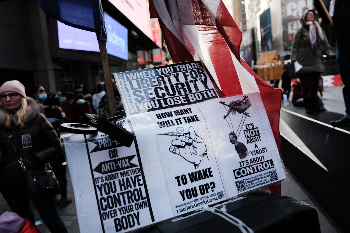 Anti-vaccine protesters in New York’s Times Square on Sunday.