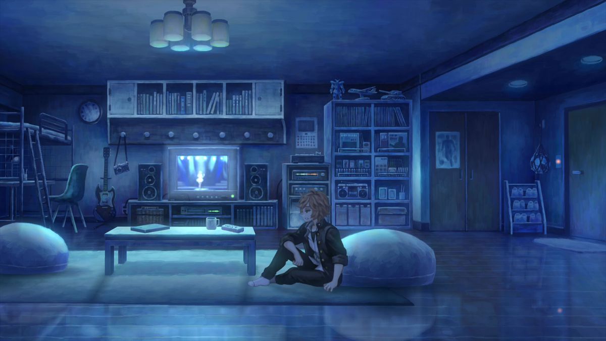 a teenage boy sits on a rug in a living room lit only by the light of a CRT television in 13 Sentinels: Aegis Rim