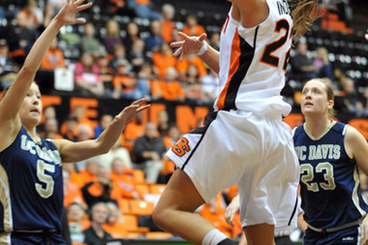 Oregon St.'s Sage Indendi splits the UC-Davis defense for 2 of her 13 points. <em>(AP photo)</em>