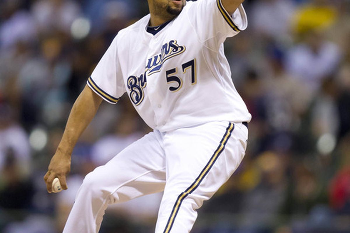 May 21, 2012: Milwaukee, WI, USA;  Milwaukee Brewers pitcher Francisco Rodriguez (57) throws a pitch during the eighth inning against the San Francisco Giants at Miller Park.  Mandatory Credit: Jeff Hanisch-US PRESSWIRE