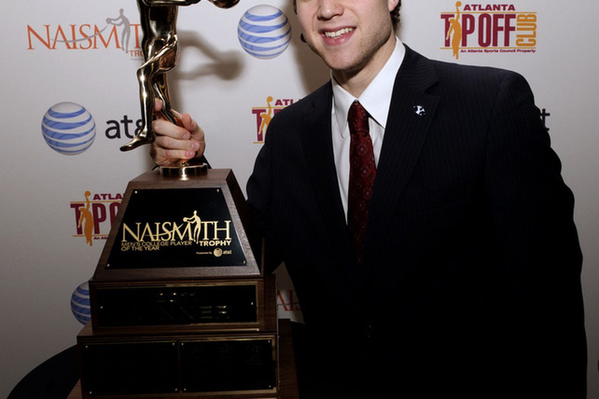 HOUSTON - APRIL 03:  Jimmer Fredette of BYU received the 2011 Naismith Trophy Presented by AT&T at the NABC Guardians of the Game Awards Program on April 3, 2011 in Houston, Texas.  (Photo by Bob Levey/Getty Images)