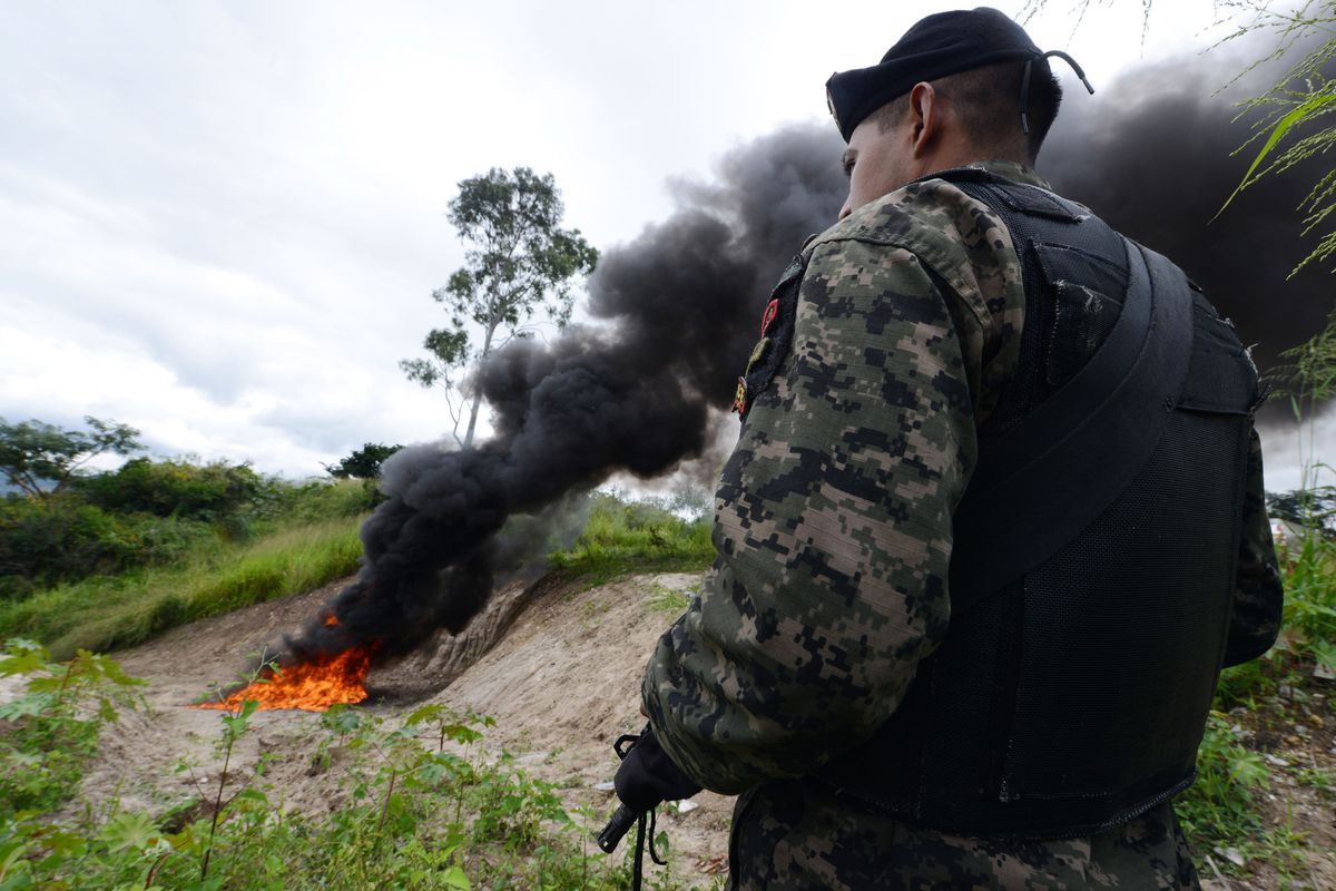 A soldier stands guard as 420 kilos of cocaine are seized in Honduras.