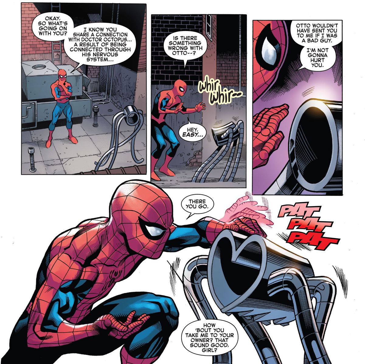 “Hey, easy,” Spider-Man approaches the four hesitant metal arms of Doctor Octopus, which are walking on all fours like a dog, with the waistband as torso. “There you go,” Spider-Man pets its “back” and it leans into him, curving its middle into a heart shape. “How ‘bout you take me to you owner? That sound good, girl?” From Amazing Spider-Man #6 (2022).