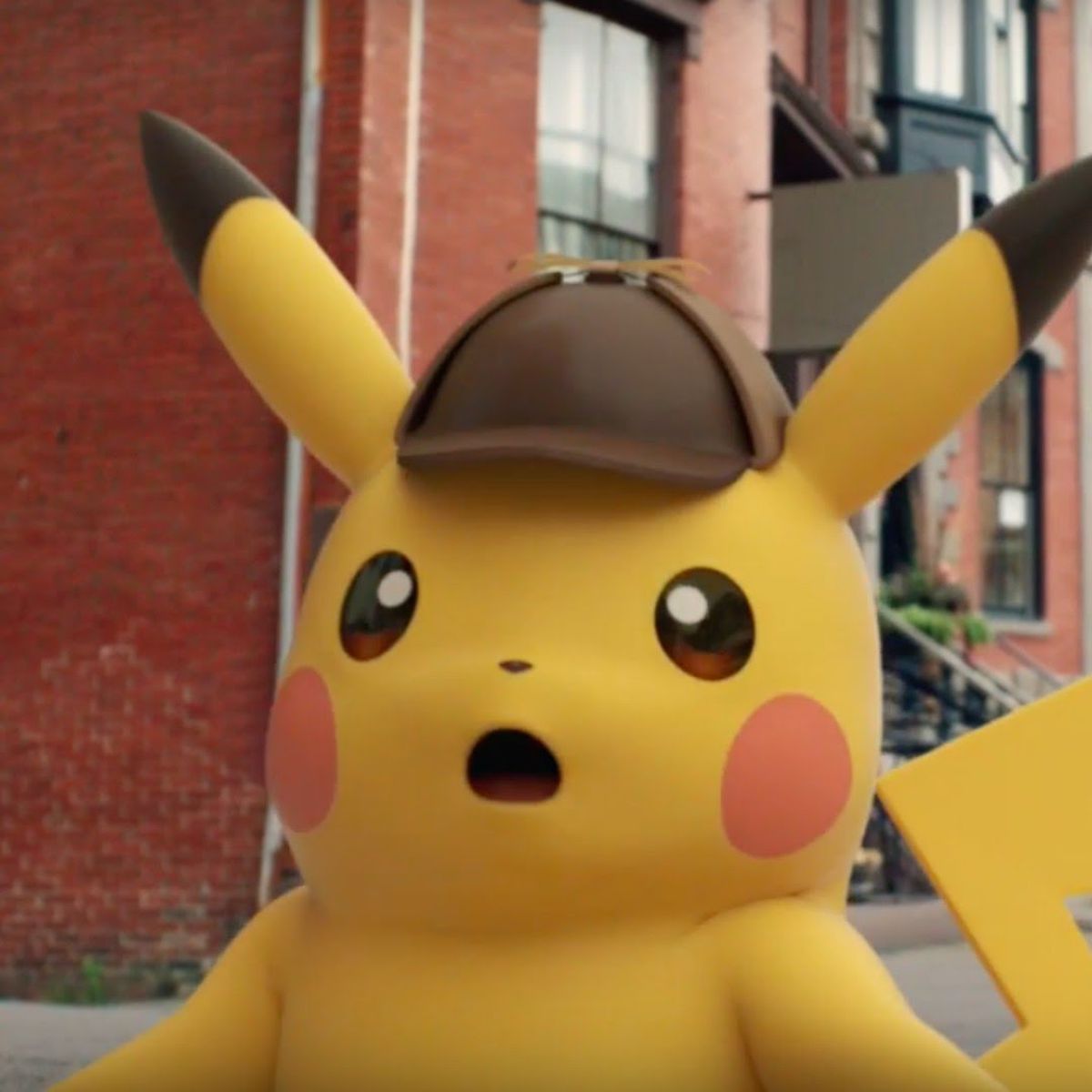 Detective Pikachu has a surprised expression on his face.