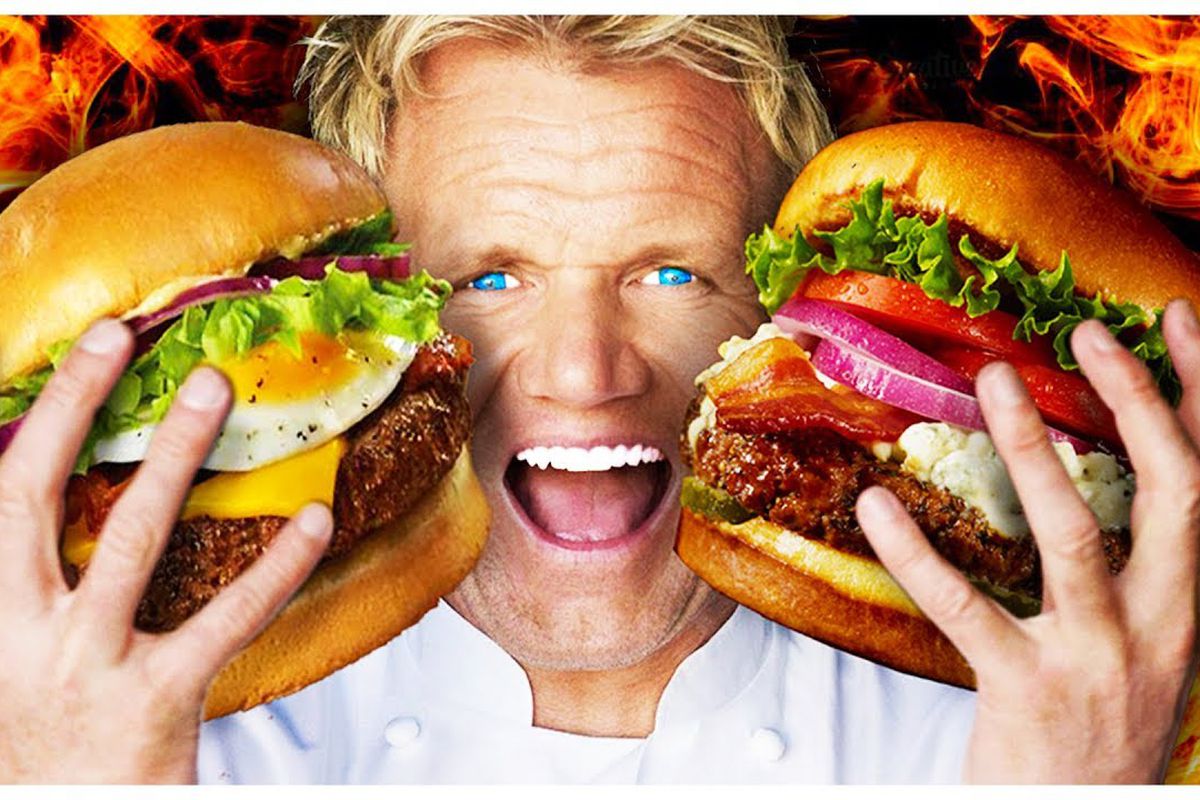 Gordon Ramsay depicted holding two huge burgers, with a fire background and artificial blue eyes