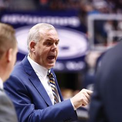 Dave Rose instructs the BYU men's basketball team during Saturday's 73-62 victory over Portland on Saturday at the Marriott Center. It was Rose's 300th victory.