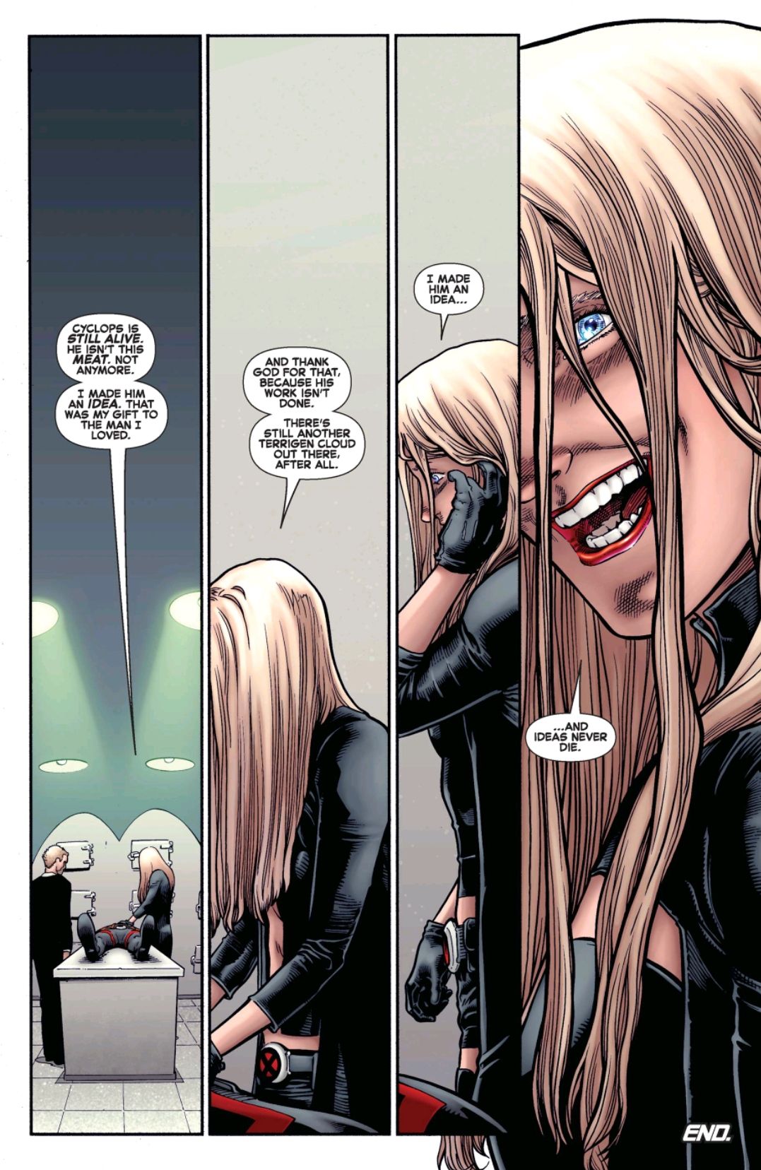 Emma Frost reveals that she created the illusion of a heroic death for Cyclops as a tribute to him, in Death of X #4, Marvel Comics (2019). 