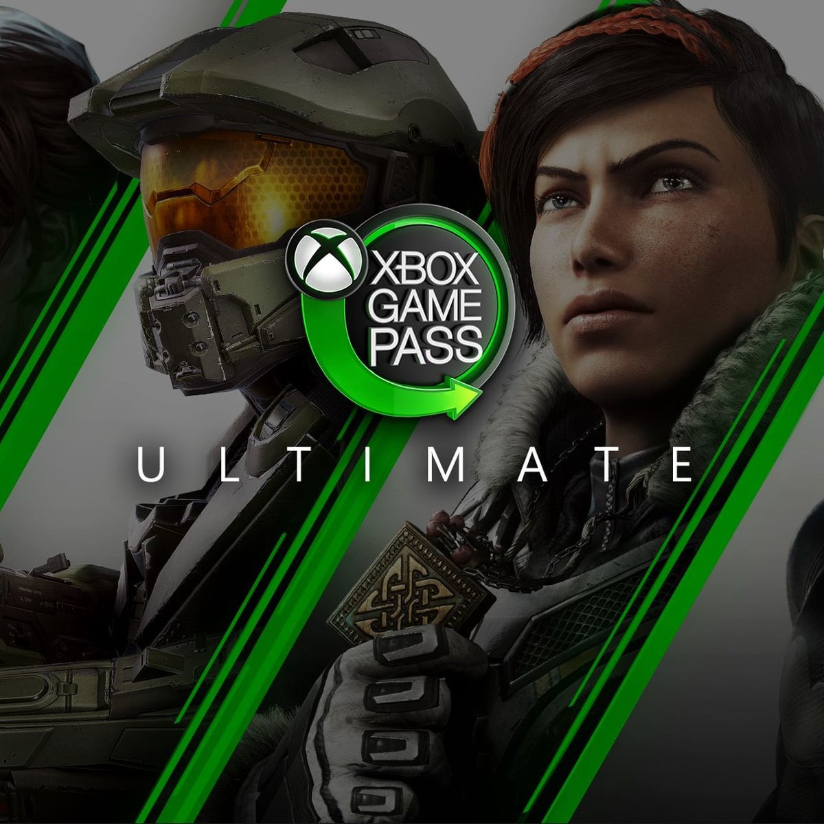 The Xbox Game Pass Ultimate logo over a montage of four characters