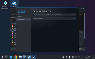 Una captura de pantalla de la pantalla de compatibilidad del ejecutable Battle.net, como se ve en la biblioteca Steam