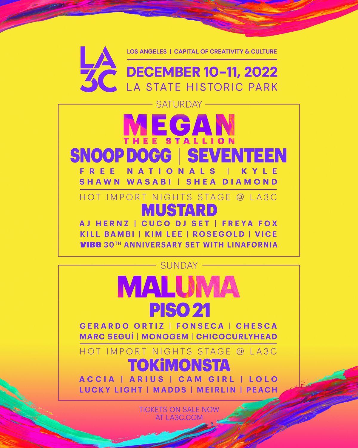 A poster with the music lineup for LA3C festival includes names like Megan Thee Stallion, Snoop Dogg, Tokimonsta, and Maluma.