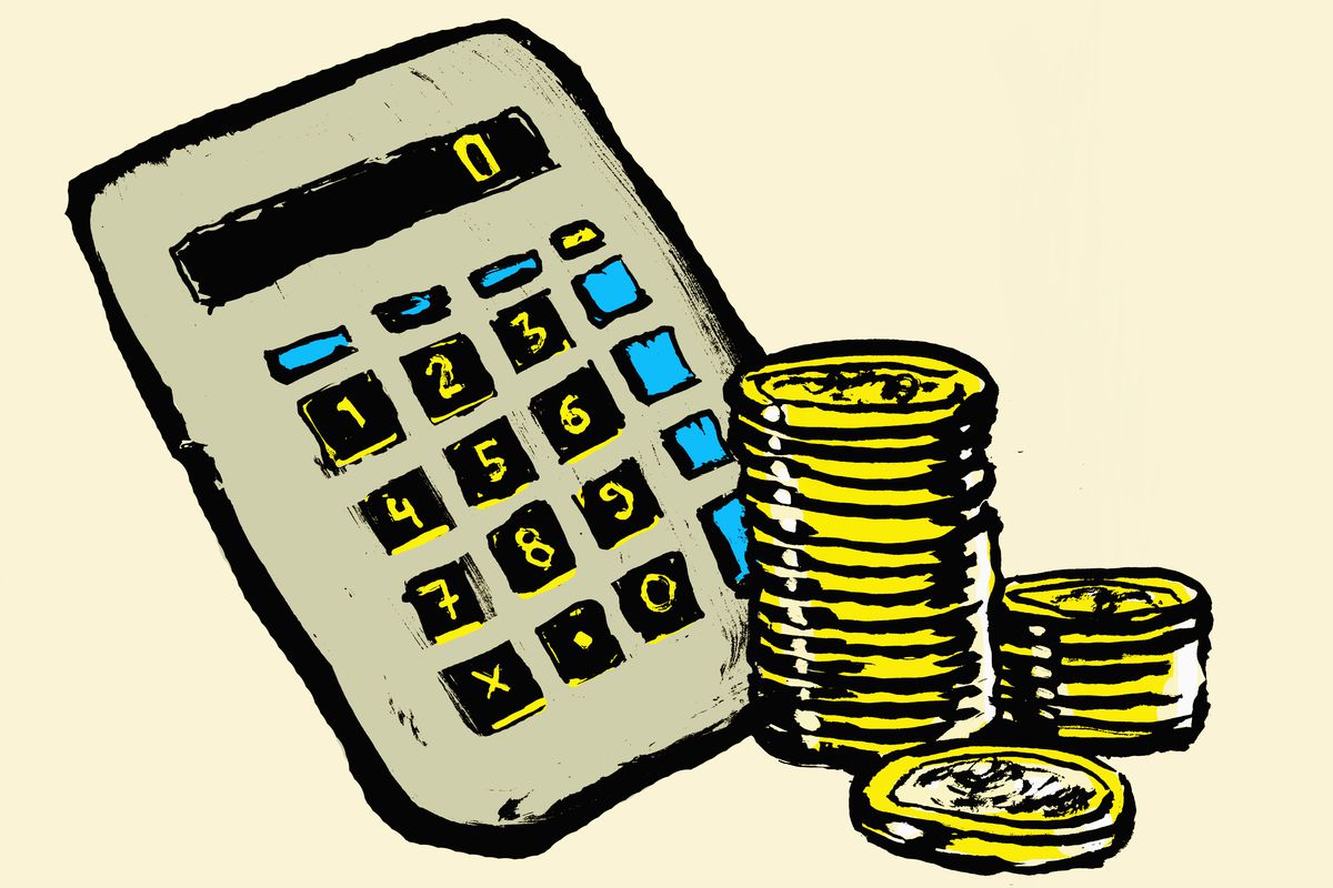 An illustration of an old-school gray calculator and a stack of gold coins.