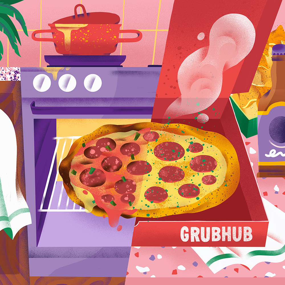 Another illustration, this time showing a pepperoni pizza burning in a home oven on the left side. And a warm, tasty-looking pepperoni pizza in an open Grubhub delivery box on the right side.&nbsp;