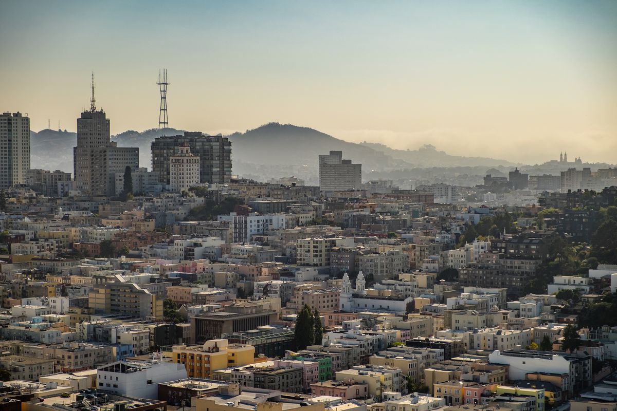 An aerial photo of San Francisco facing the Castro, with the Tenderloin in the foreground.