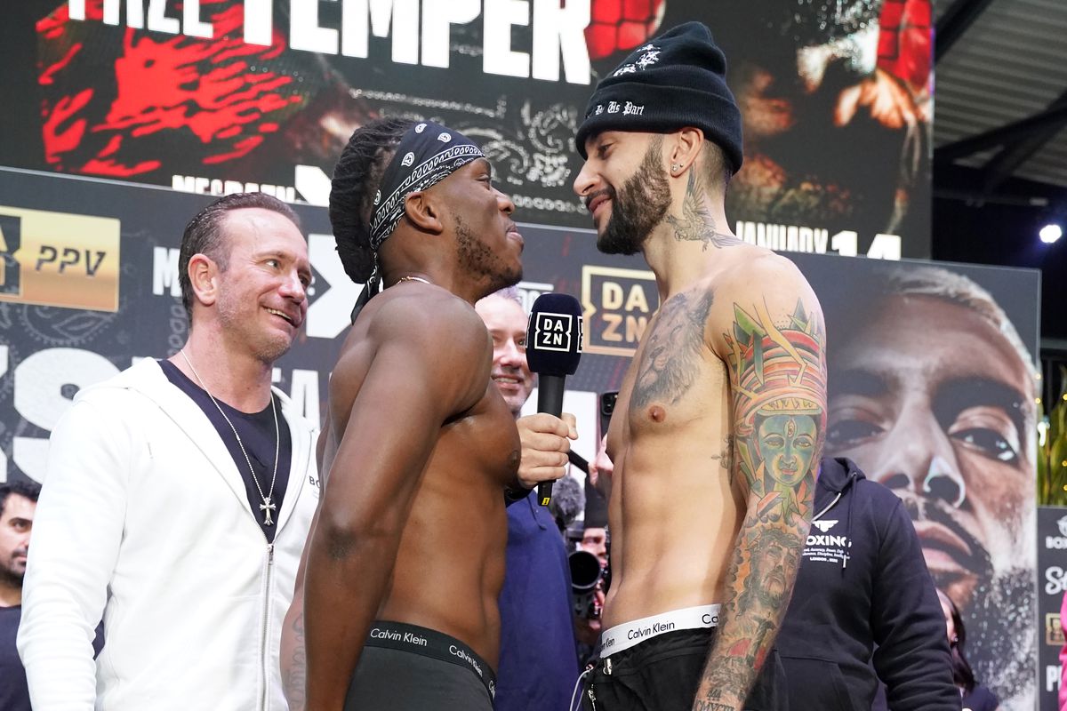 KSI (left) and FaZe Temperrr during the weigh-in at BOXPARK Wembley, London.
