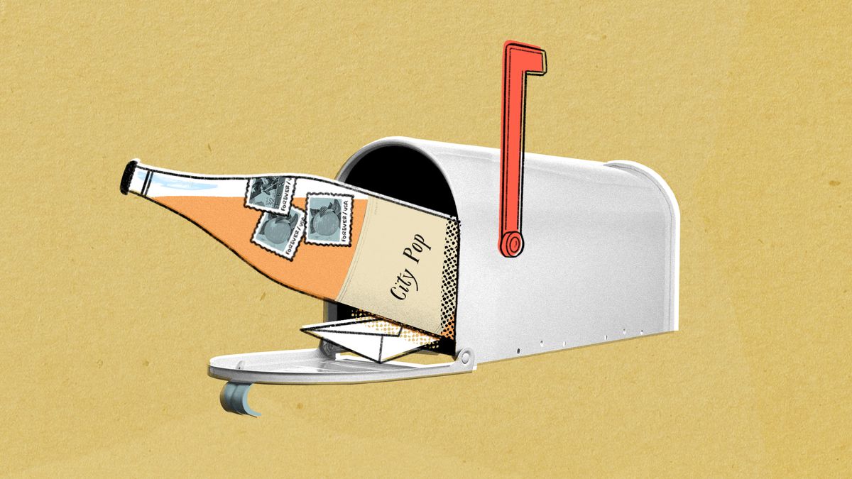 Drawing of a wine bottle coming out of a home mailbox