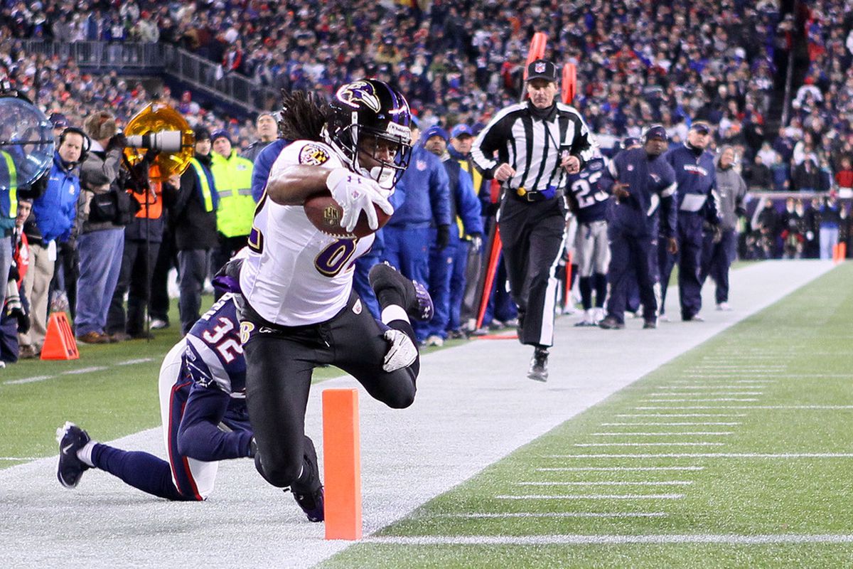 Torrey Smith #82 of the Baltimore Ravens scores a touchdown (Photo by Elsa/Getty Images)