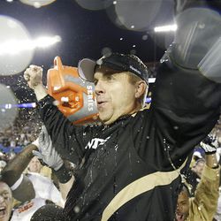 New Orleans Saints head coach Sean Payton celebrates after winning Super Bowl XLIV. The Saints beat the Colts 31-17.