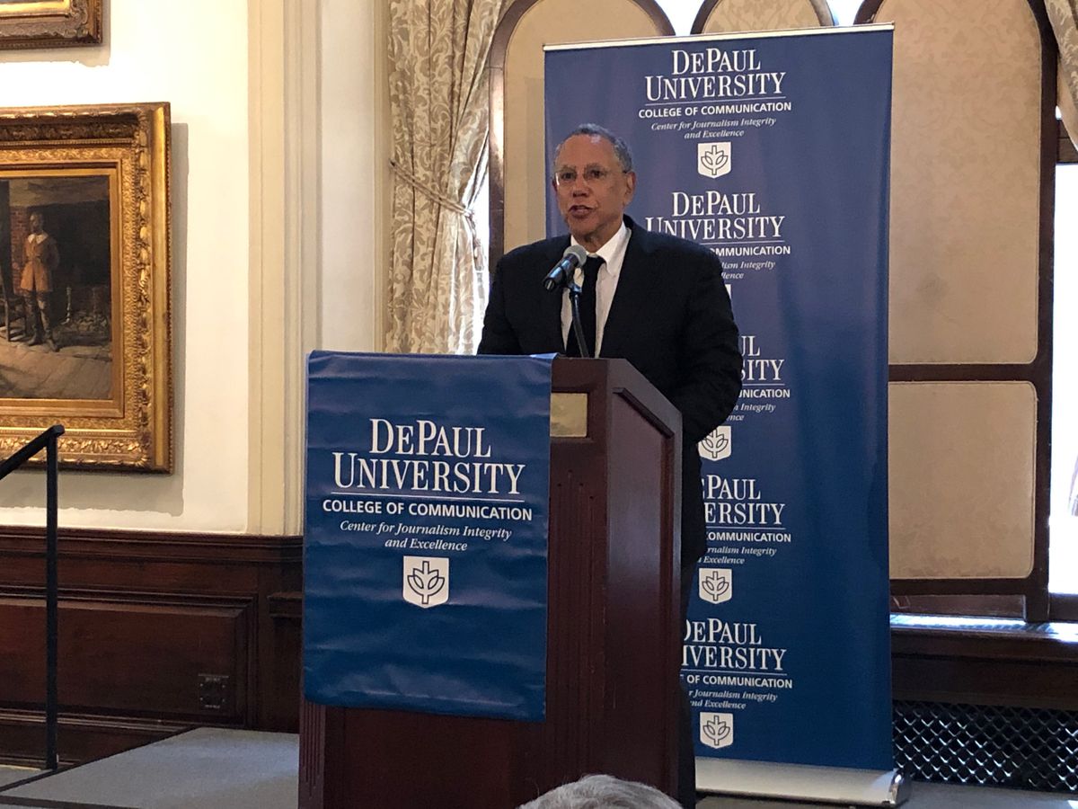 Dean Baquet, executive editor of The New York Times, speaks after receiving DePaul University’s Center for Journalism Integrity and Excellence Distinguished Journalist Award Thursday at the Union League Club. Baquet is the first African American to hold t