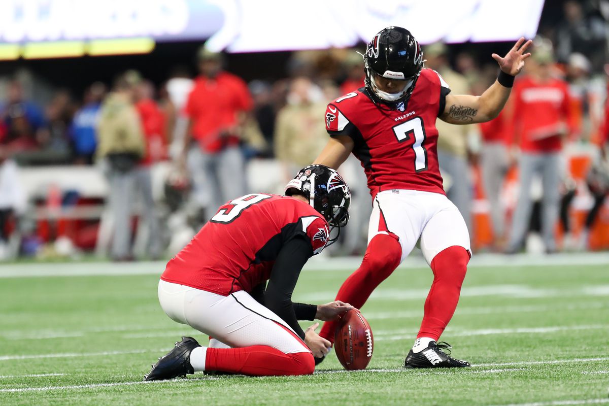 Atlanta Falcons kicker Younghoe Koo kicks the point after during the NFL game between the Tampa Bay Buccaneers and the Atlanta Falcons on Nov, 24, 2019 at the Mercedes-Benz Stadium in Atlanta, GA.