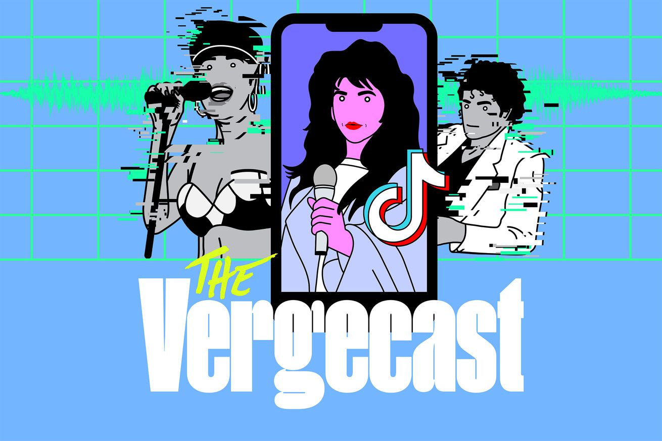 The Vergecast logo, with past music acts in the background.