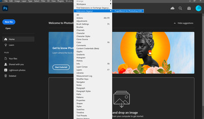 A screenshot of a user selecting the PugetBench for Photoshop extension in Photoshop.