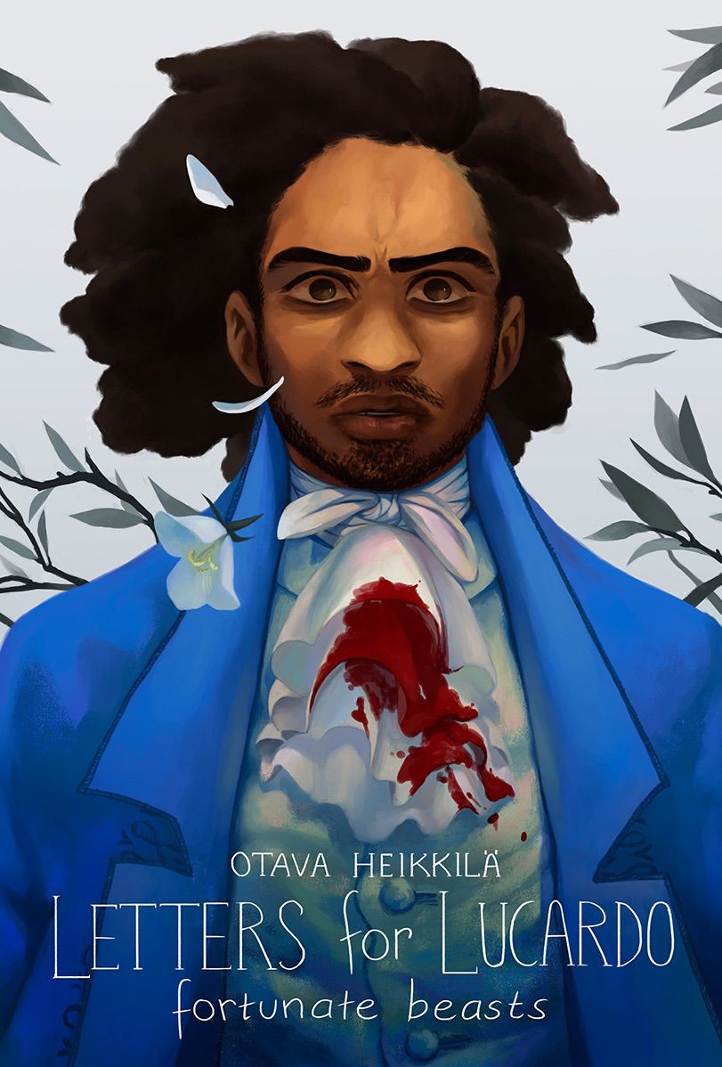 The cover of Letters For Lucardo book 2: Fortunate Beasts, with a Black man in a white dress shirt and bright blue suit jacket with blood splashed across his cravat looking stricken as flower petals rain down from the trees above him