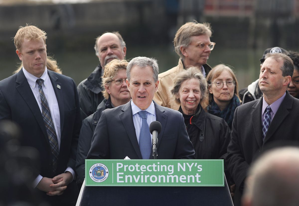 NEW YORK, NY - MARCH 21: Attorney General Eric Schneiderman speaks beside the Gowanus Canal, which is a designated federal Superfund site, in the Gowanus neighborhood in Brooklyn on March 21, 2017 in New York City. Schneiderman joined area residents, city