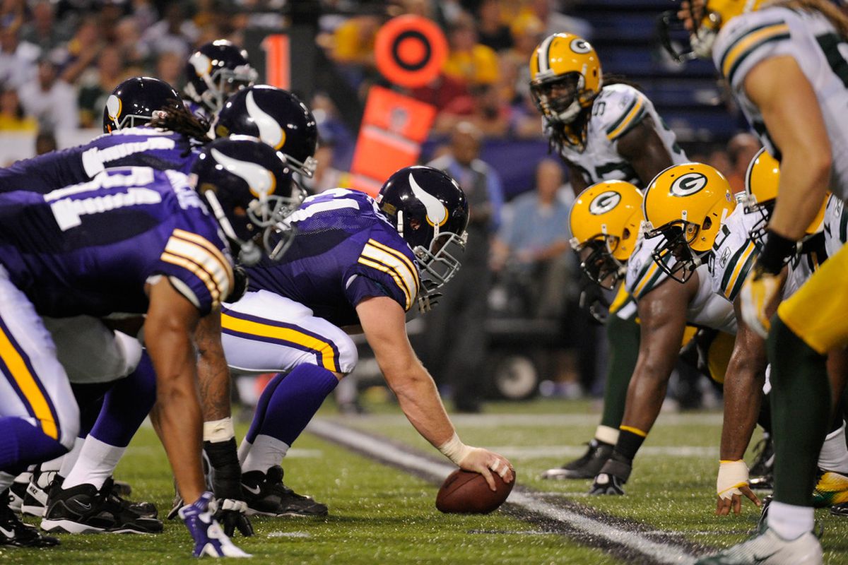 MINNEAPOLIS, MN - OCTOBER 23: The Minnesota Vikings line up against the Green Bay Packers on October 23, 2011 at Hubert H. Humphrey Metrodome in Minneapolis, Minnesota. The Packers defeated the Vikings 33-27. (Photo by Hannah Foslien/Getty Images)