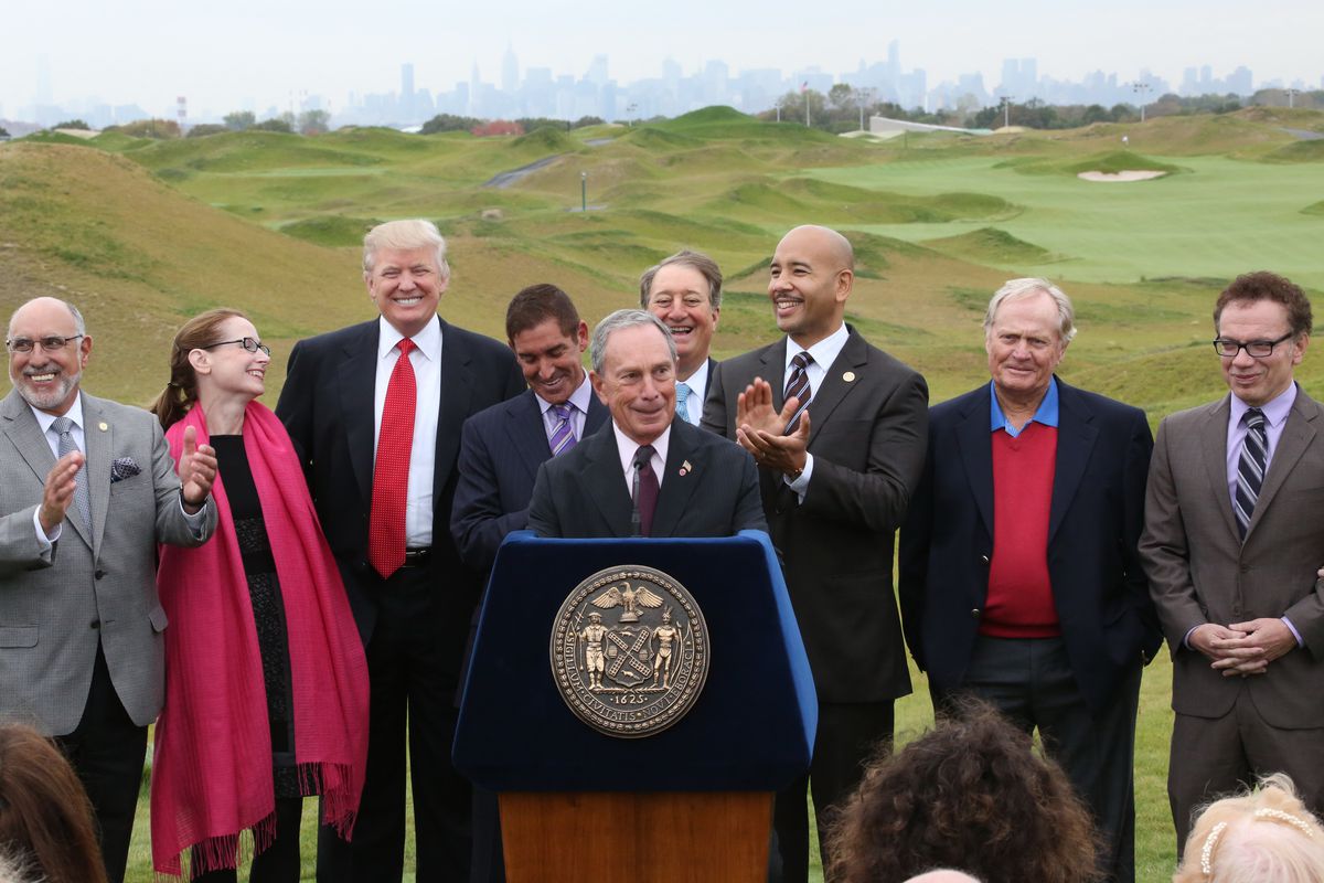 Then-Mayor Michael Bloomberg announces the opening of the Trump Golf Links at Ferry Point, Oct. 16, 2013.
