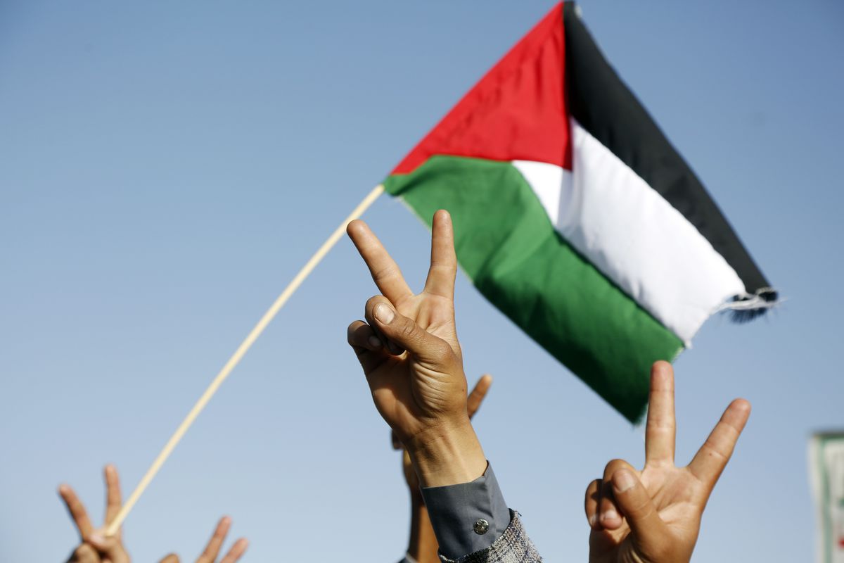 A Palestinian flag is held high over the heads of men making a V sign in the air with their hands.