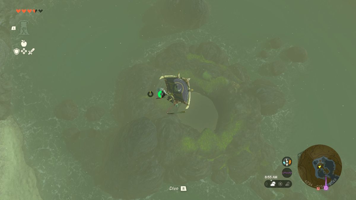 Link uses a glider to drop into a lagoon while looking for the rubber armor in Zelda Tears of the Kingdom.