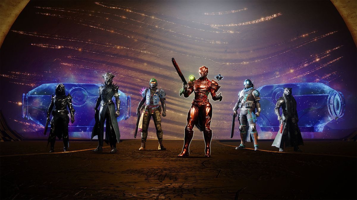 A group of Guardians standing in front of massive chests wearing new Bungie-inspired gear