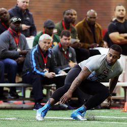 Gionni Paul works out for scouts during the University of Utah's NFL Pro Day in Salt Lake City, Thursday, March 24, 2016.