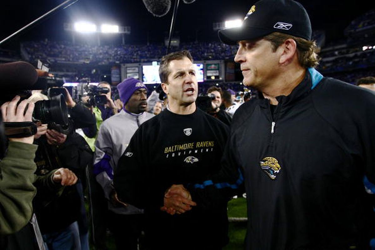 BALTIMORE - DECEMBER 28: Baltimore Ravens head coach John Harbaugh shakes hands with Jacksonville Jaguars head coach Jack Del Rio during the game on December 28, 2008 at M&T Bank Stadium in Baltimore, Maryland. (Photo by Chris McGrath/Getty Images)