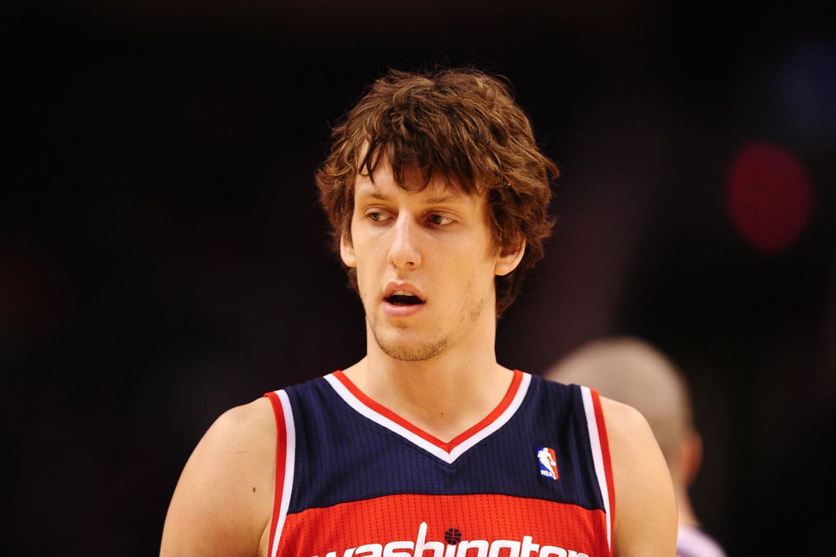 Feb. 20, 2012; Phoenix, AZ, USA; Washington Wizards forward Jan Vesely during game against the Phoenix Suns at the US Airways Center. The Suns defeated the Wizards 104-88. Mandatory Credit: Mark J. Rebilas-US PRESSWIRE