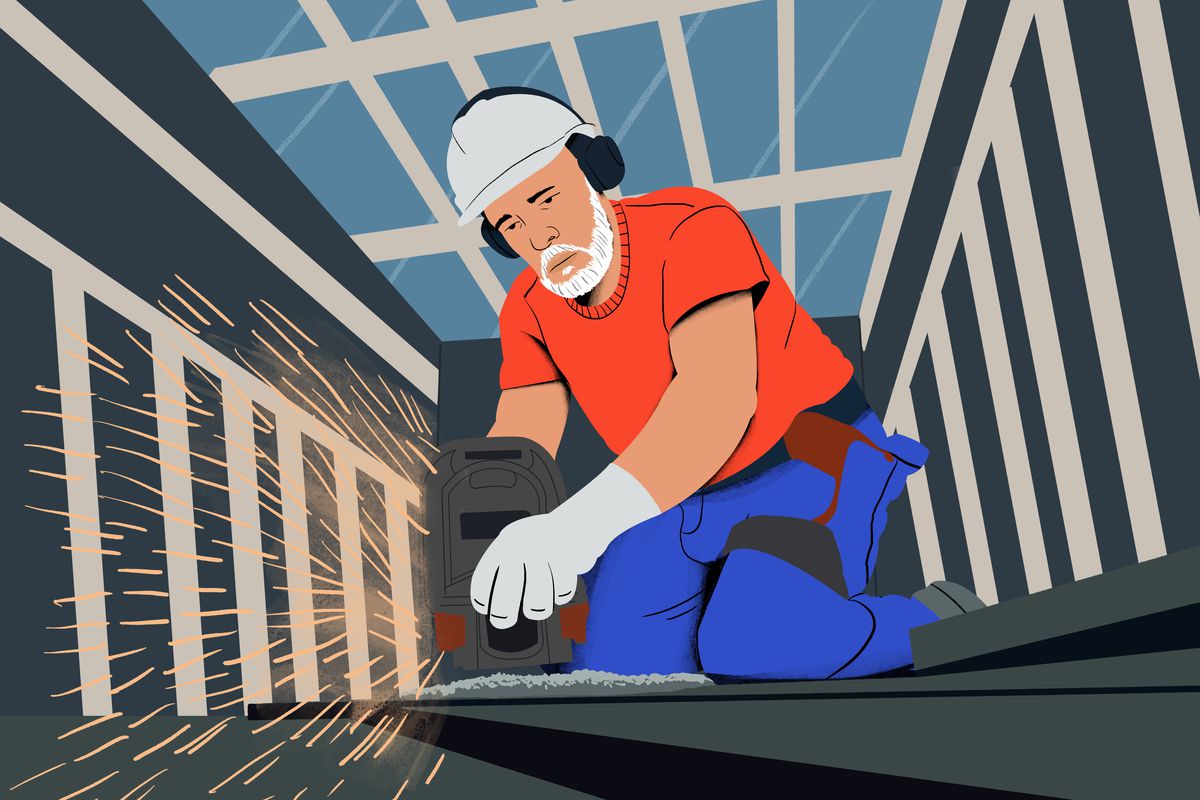 Illustration of an older man working a construction job.