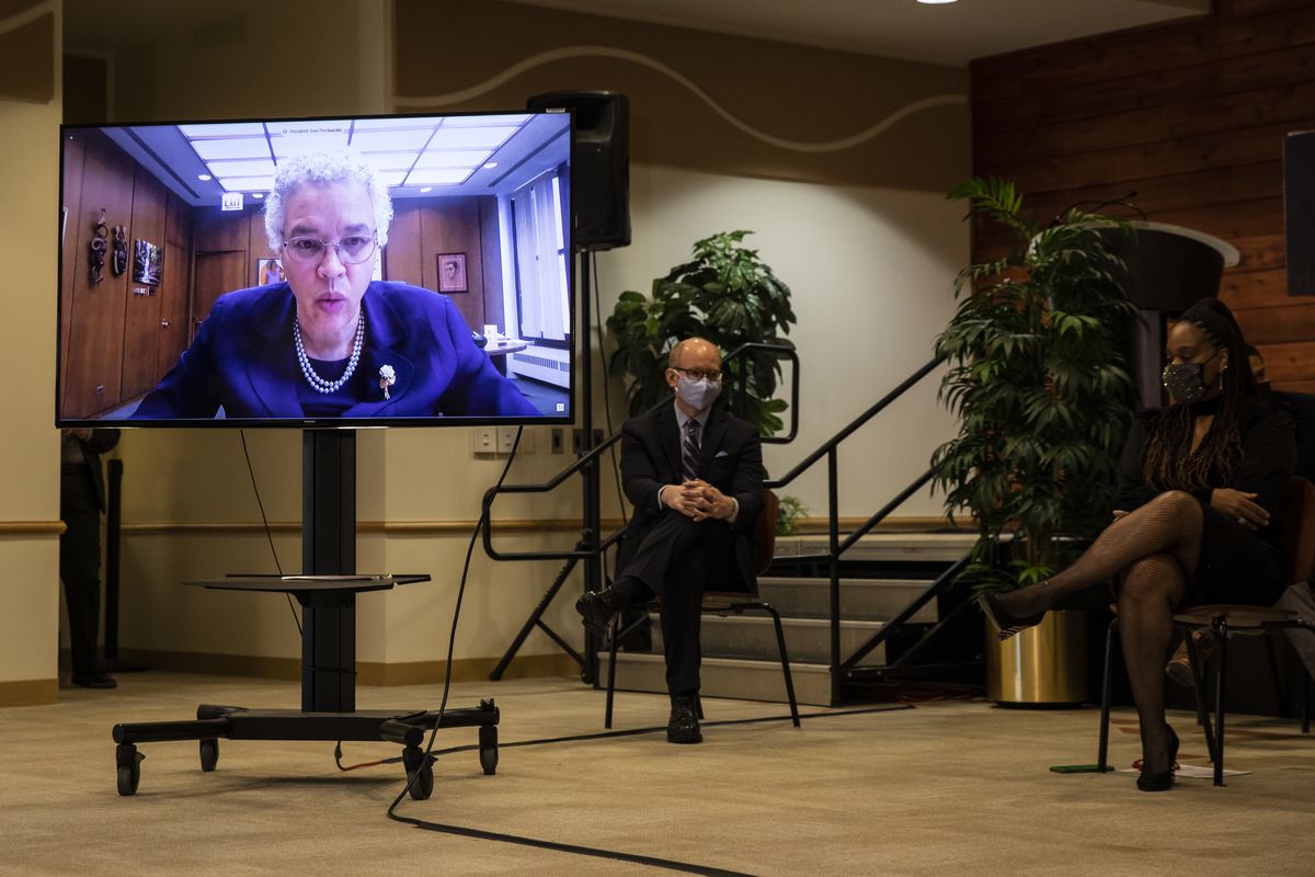 Cook County Board President Toni Preckwinkle speaks via livestream during a ceremony at Chicago State University on Monday.