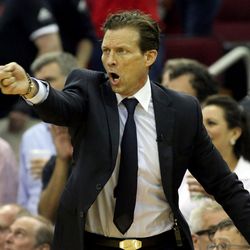 Utah Jazz head coach Quin Snyder yells as the Jazz play the Houston Rockets in Game 5 of the NBA playoffs at the Toyota Center in Houston on Tuesday, May 8, 2018. The Jazz lost 102-112.