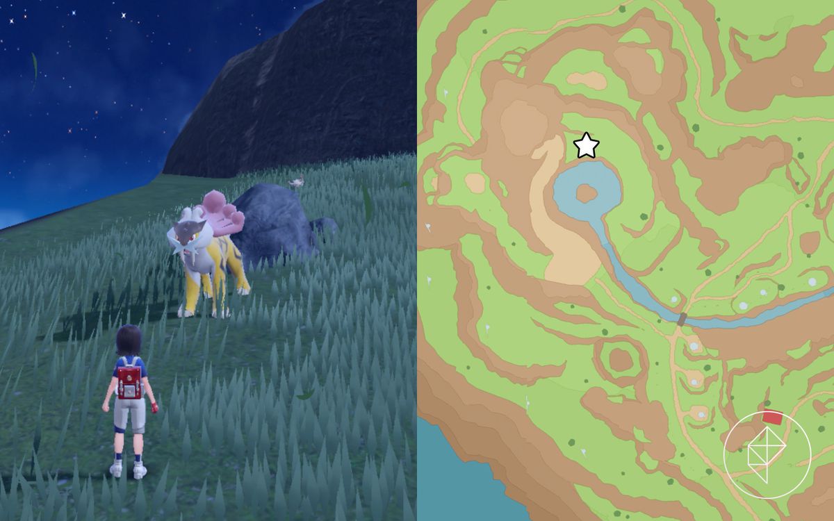 A map showing where to find Raikou by a lake in Pokémon Scarlet and Violet